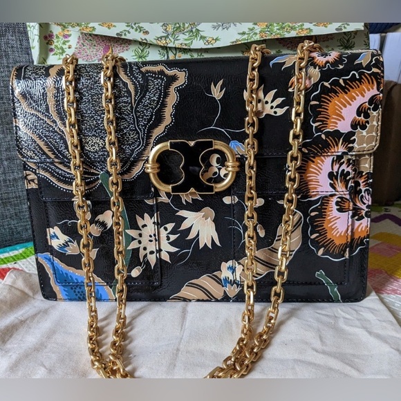 Tory Burch Handbags - Tory Burch Black Floral Bag with Gold Chain